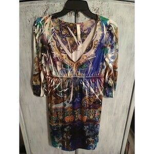 S12  Beaded Multicolored V-neck Knee Length Dress md Boho Vintage Y2K Feminine